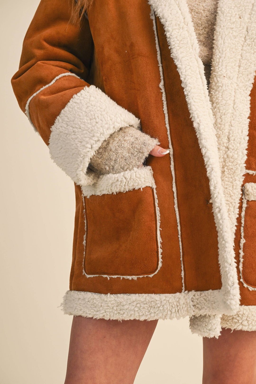 Oversized Suede and sherpa pocketed coat