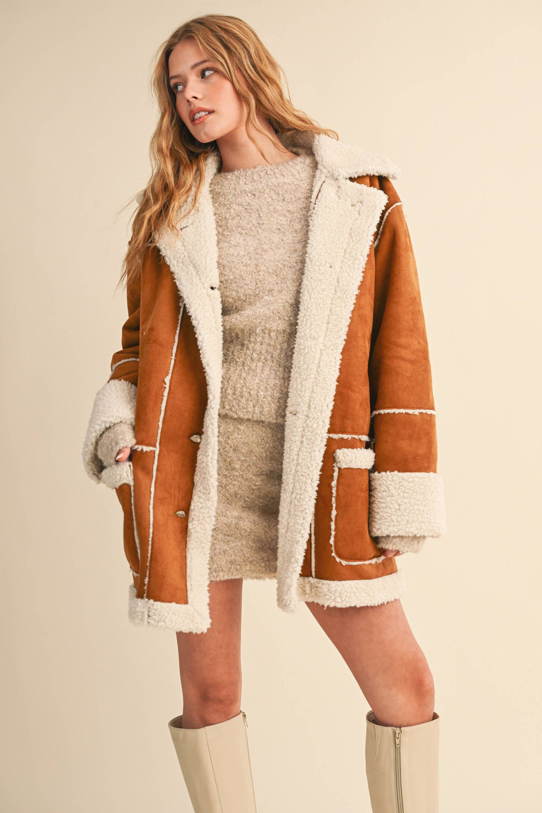 Oversized Suede and sherpa pocketed coat