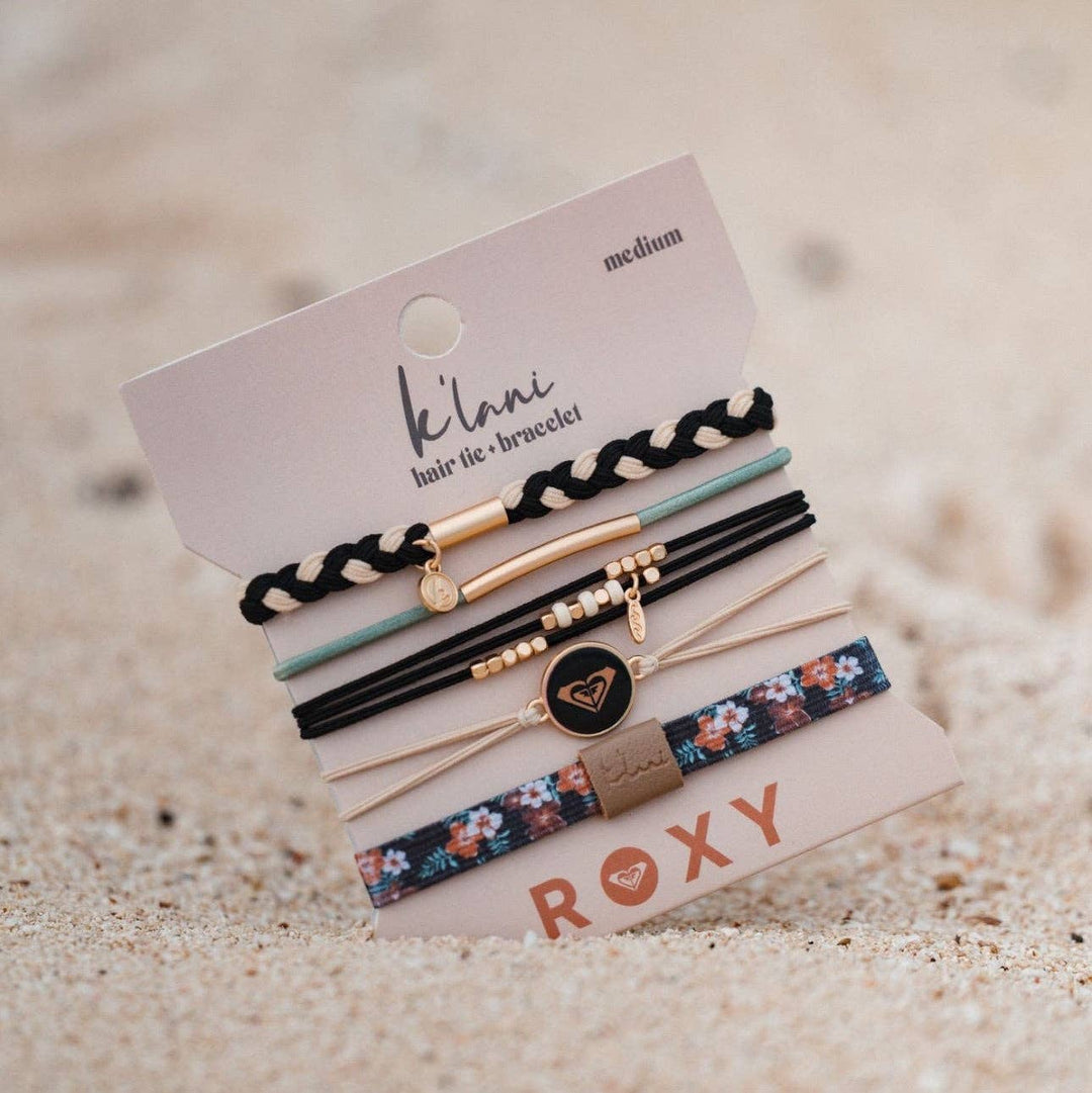 "Roxy Coastal Drift" Black and Neutral Beachy Vibe Hair Tie Bracelets