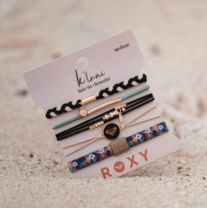 "Roxy Coastal Drift" Black and Neutral Beachy Vibe Hair Tie Bracelets