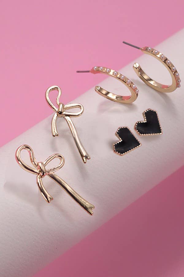 TRIO BOW HOOP HEART EARRINGS