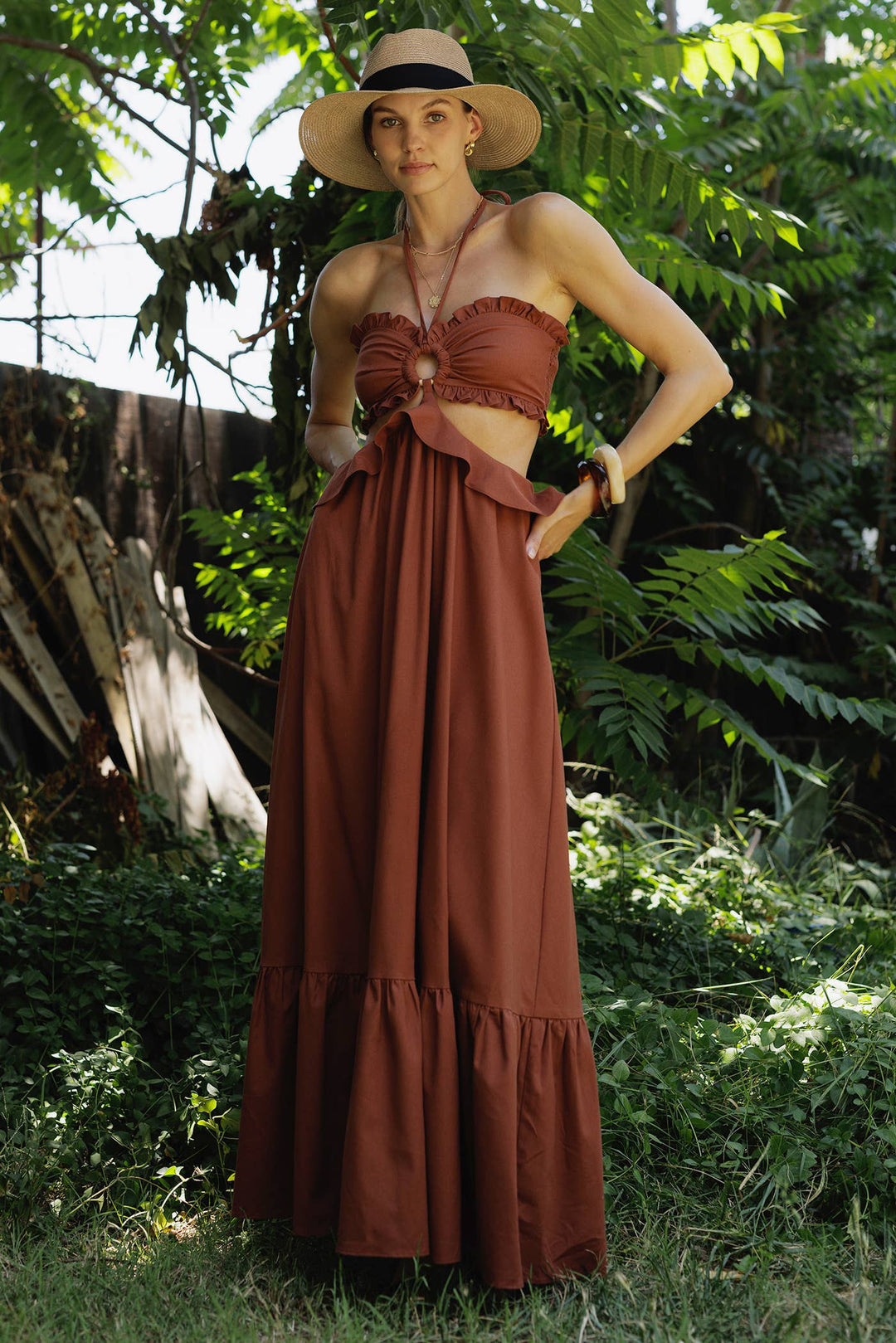 Cut-Out Ruffled Maxi Halter Dress