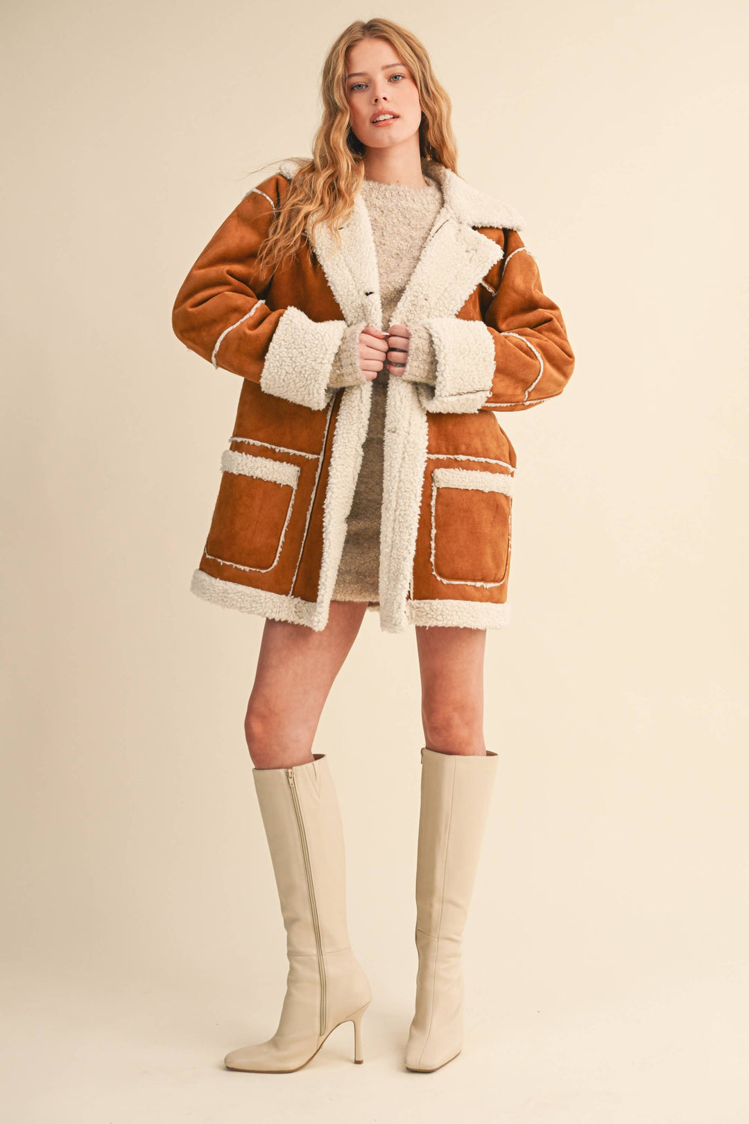 Oversized Suede and sherpa pocketed coat