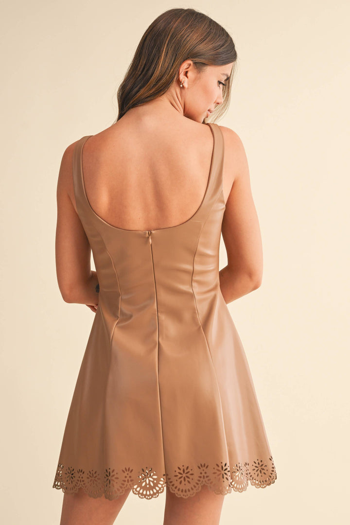 Faux leather laser cut scallop hem mini dress