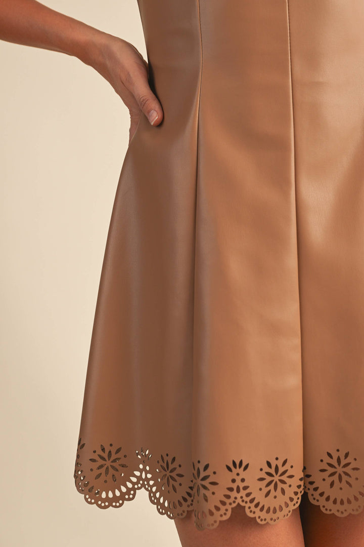 Faux leather laser cut scallop hem mini dress