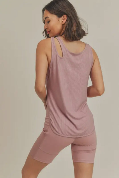 Mauve Asymmetric Cutout Ribbed Tanktop