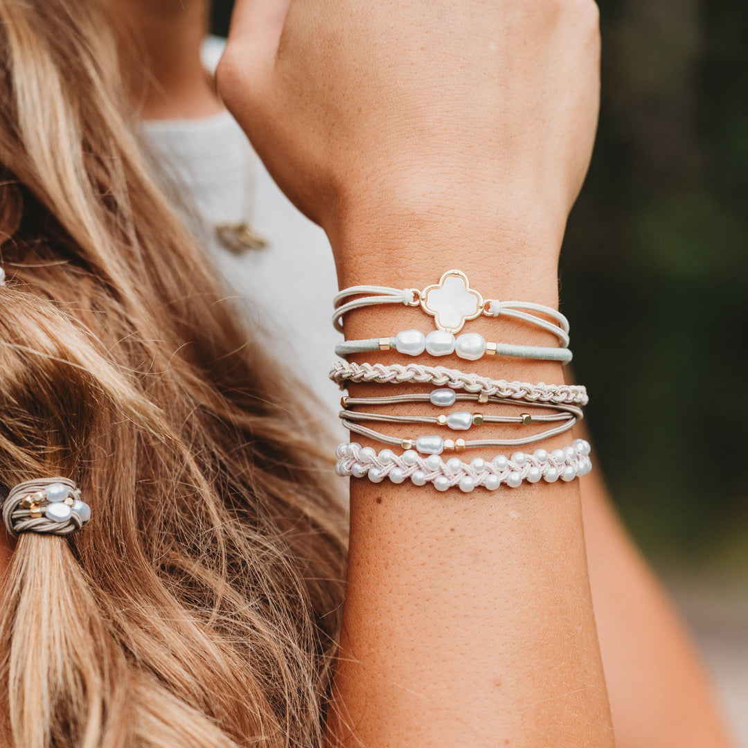 "Glimmer" Soft Pinks with Pearl and Gold Accent Hair Tie Bracelets
