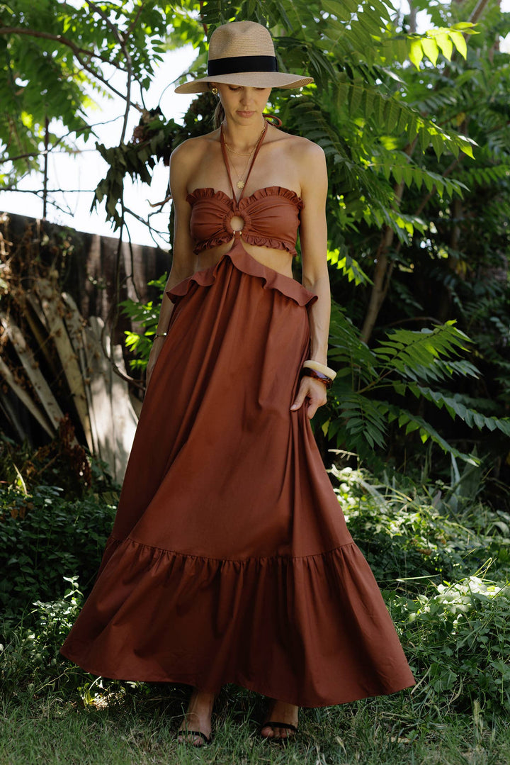 Cut-Out Ruffled Maxi Halter Dress