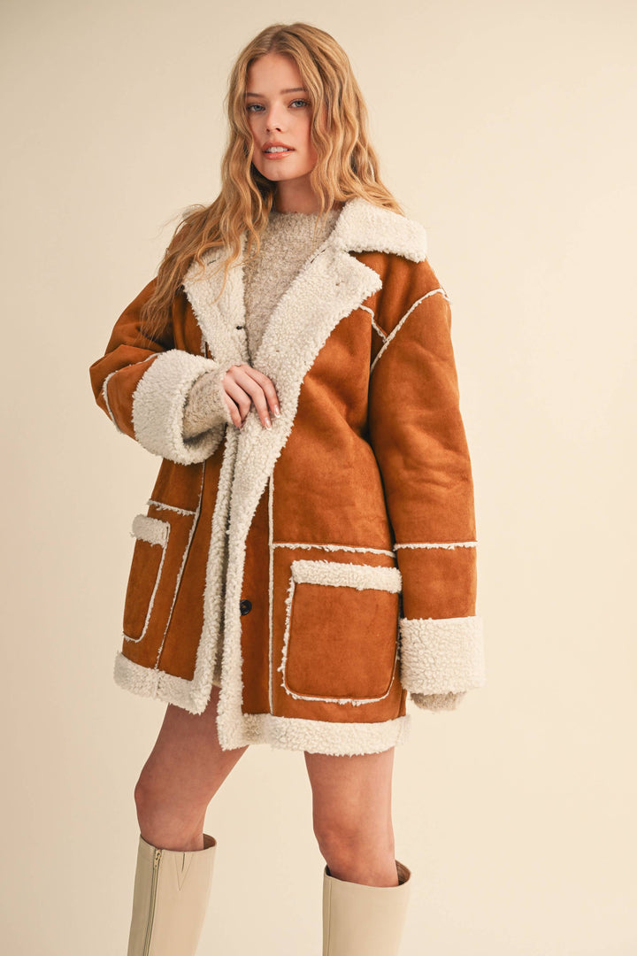 Oversized Suede and sherpa pocketed coat