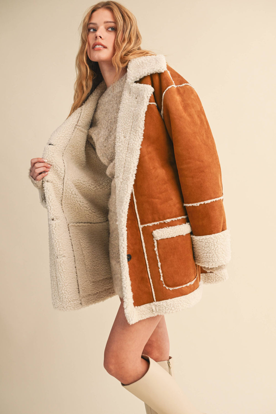 Oversized Suede and sherpa pocketed coat