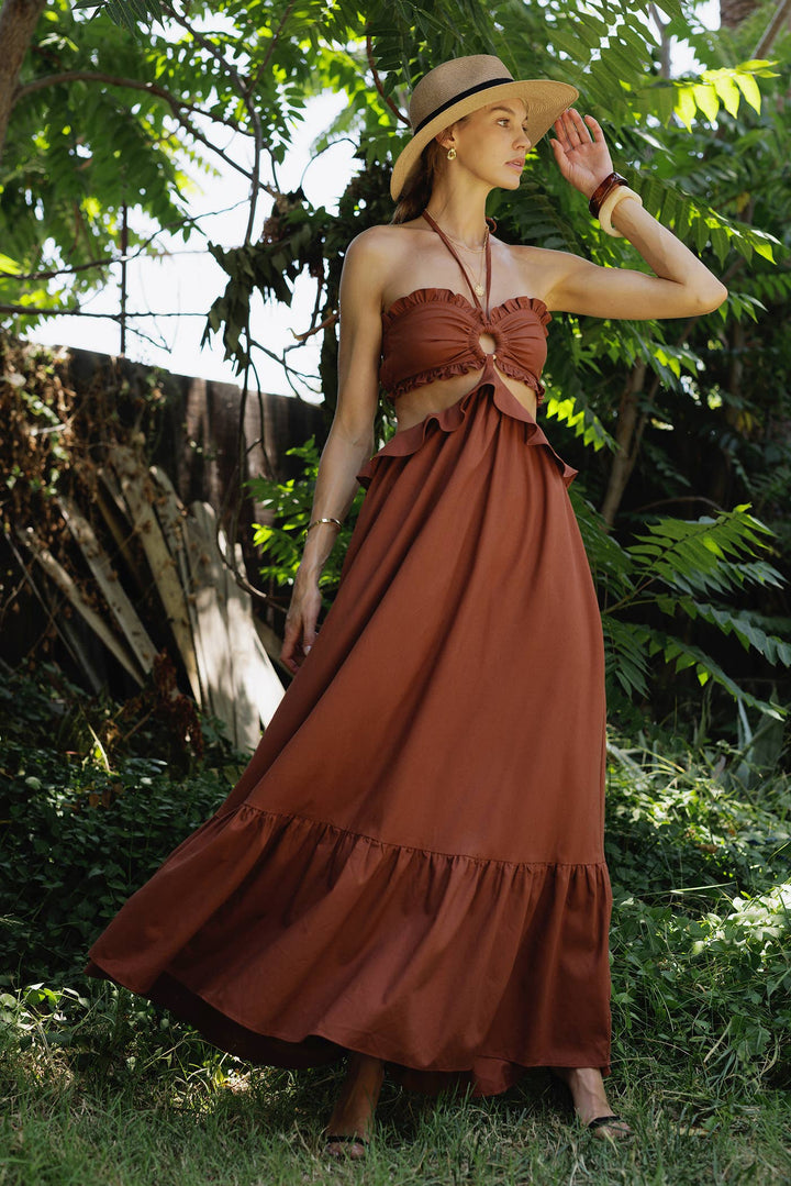 Cut-Out Ruffled Maxi Halter Dress