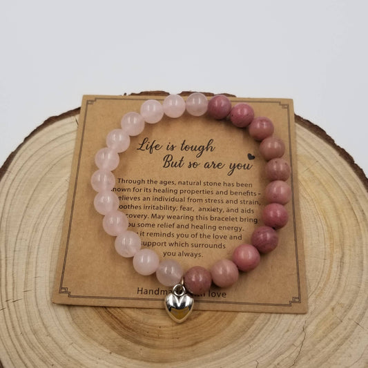 Natural Rose Quartz Stone Heart Bracelet